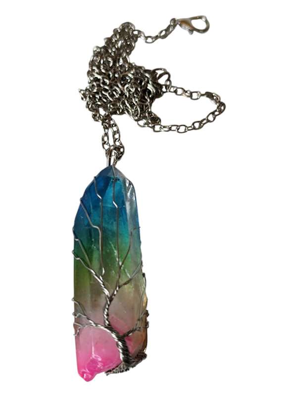 Rainbow Aura quartz with tree-of-life wire wrapped necklace, rough, 50-60mm, 45cm chain extension...