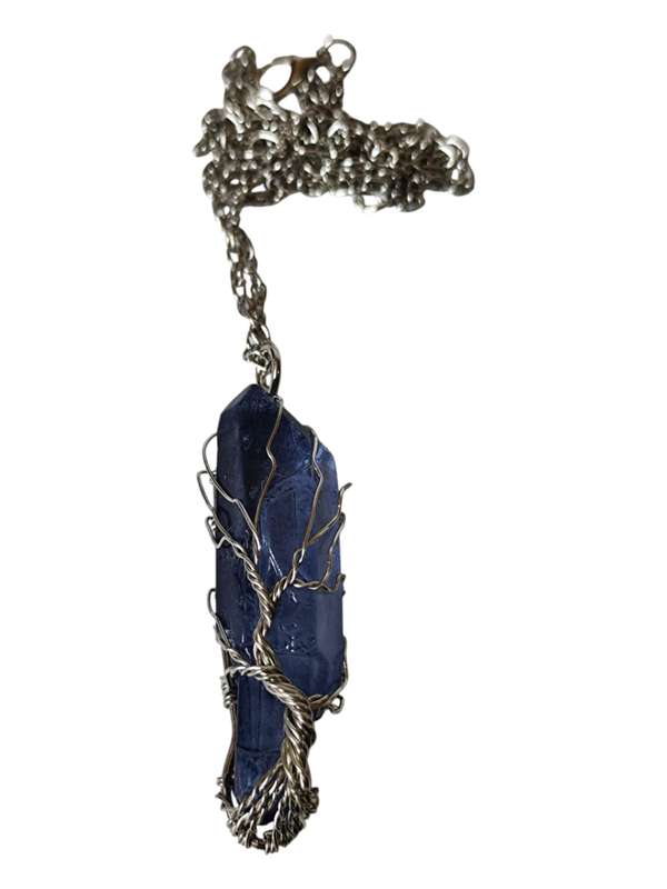 Indigo blue Aura quartz with tree-of-life wire wrapped necklace, rough, 50-60mm, 45cm chain exten...