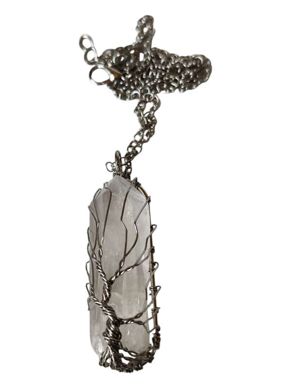 Quartz with tree-of-life wire wrapped necklace, rough, 50-60mm, 45cm chain extension chain incl.
