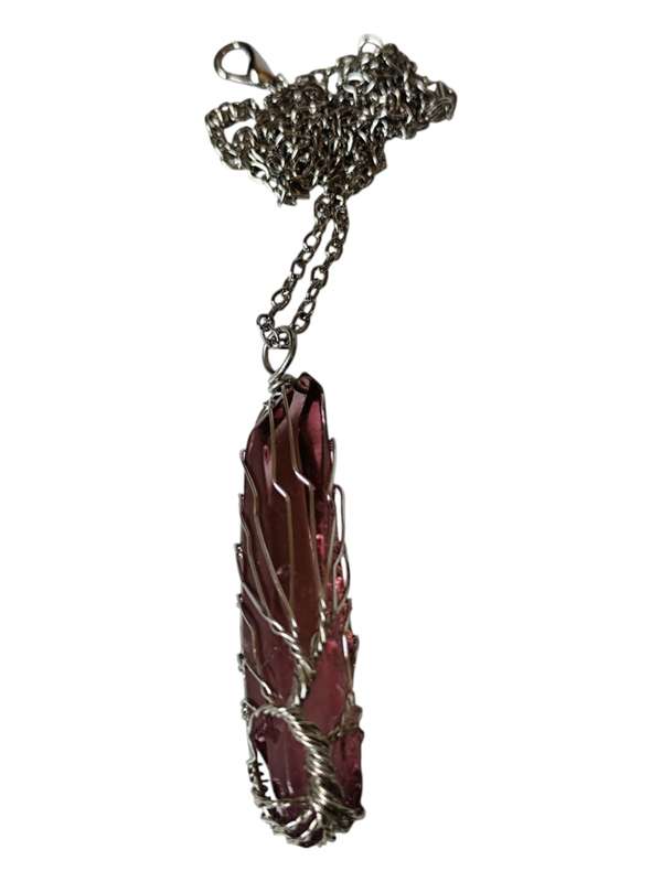 Pink Aura quartz with tree-of-life wire wrapped necklace, rough, 50-60mm, 45cm chain extension ch...
