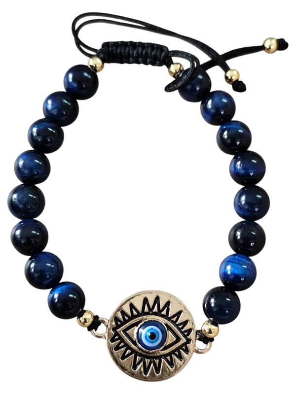Blue Tiger eye evil eye bracelet, Adjustable, 8mm beads