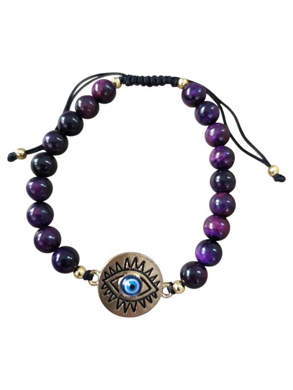 Purple Tiger eye evil eye bracelet, Adjustable, 8mm beads