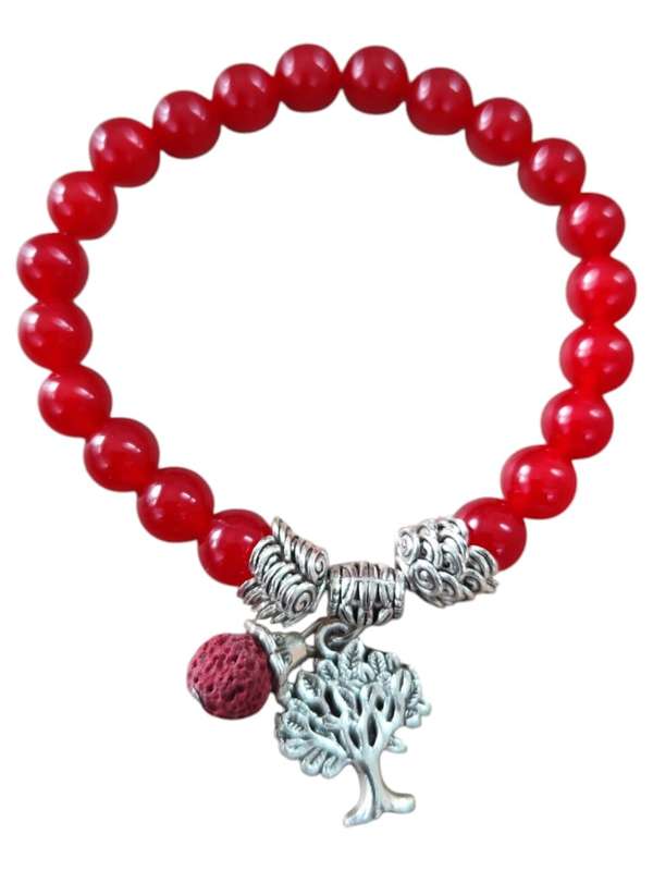 Red Agate bracelet with tree charm and red singular lava stone bead, stretch cord, 8mm beads