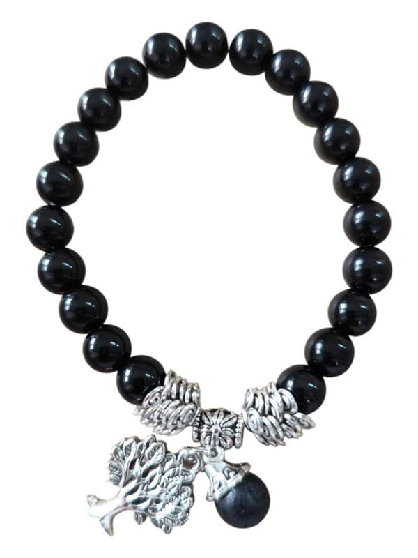 Black obsidian bracelet with tree charm and singular lava stone bead, stretch cord, 8mm beads