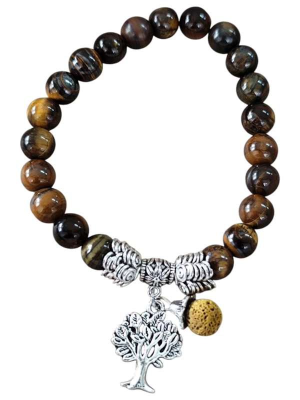 Tiger eye bracelet with tree charm and yellow singular lava stone bead, stretch cord, 8mm beads