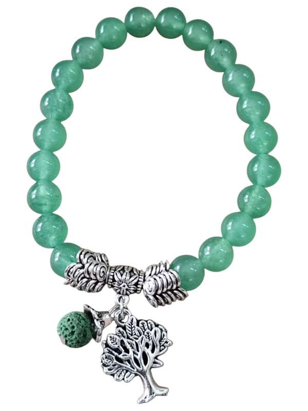 Green aventurine bracelet with tree charm and green singular lava stone bead, stretch cord, 8mm b...