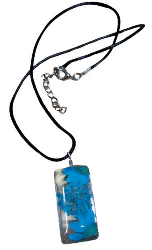 Dried flowers glass rectangle necklace, blue, black string, 45cm