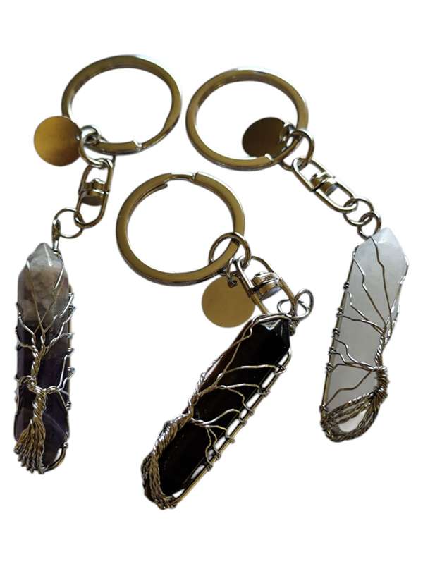 Assorted stone double terminated point tree wire wrapped keychain, 111mm