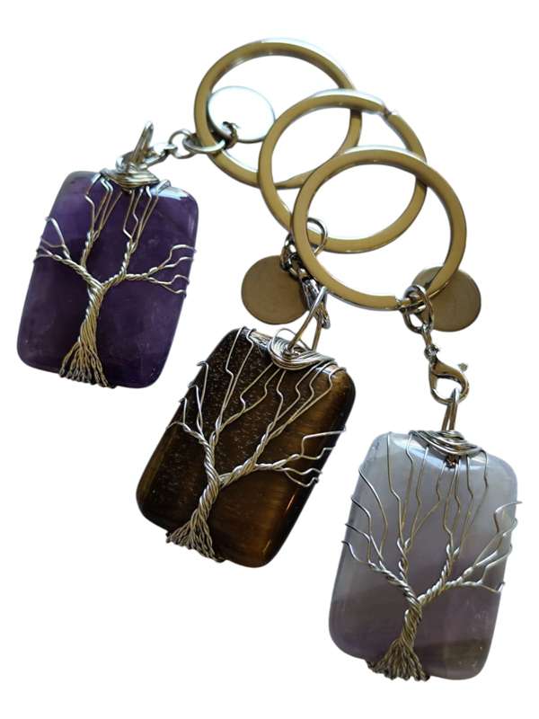 Assorted stone rectangular wire wrapped keychain, 91mm