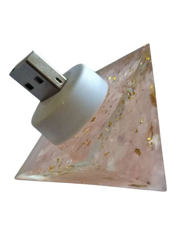 USB night light, Rose quartz chip with gold leaf resin pyramid
