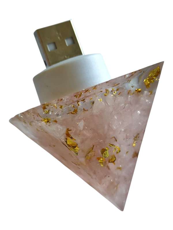 USB night light, Rose quartz chip with gold leaf resin pyramid