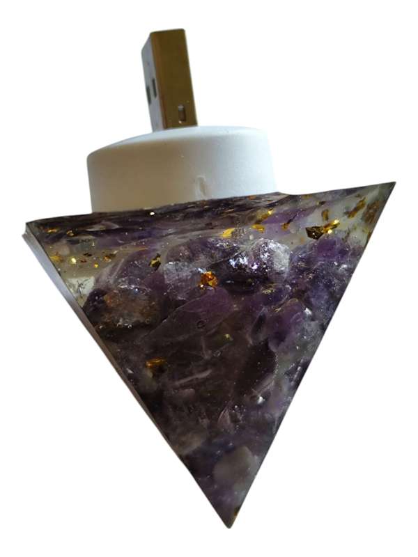 USB night light, Amethyst chip with gold leaf resin pyramid