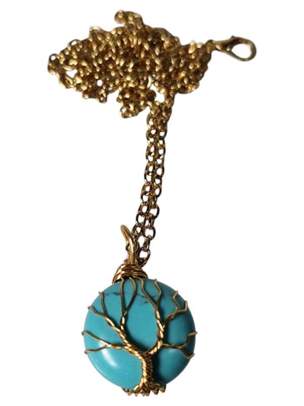 Gold wired tree of life assorted gemstone necklace, 2.1 x 3.2cm, 53.4cm length chain extension ch...