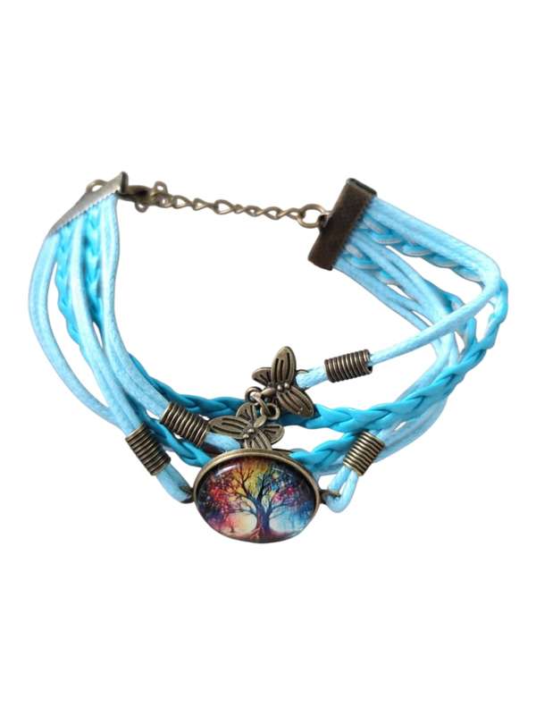 Woven bracelet w clasp, tree of life picture, copper base, blue