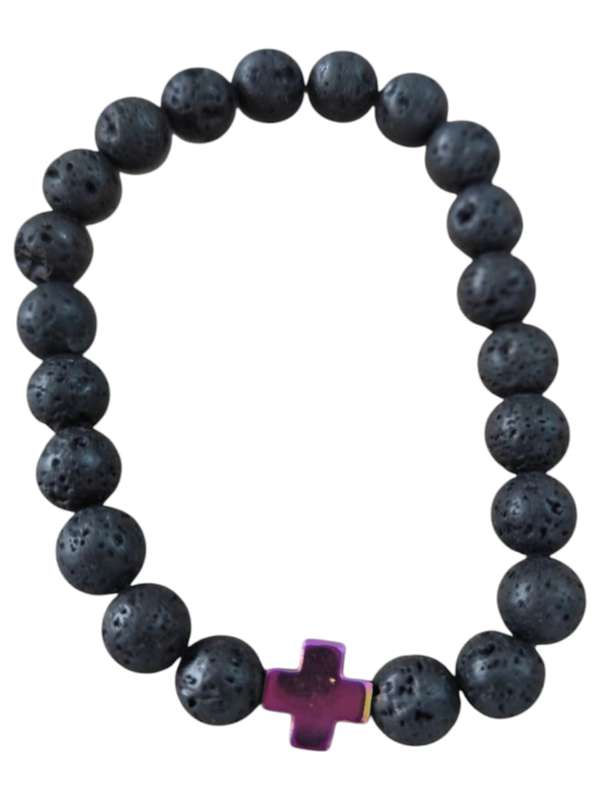 Lava bracelet with a multi-color hematite plus bead, stretch cord, 8mm beads