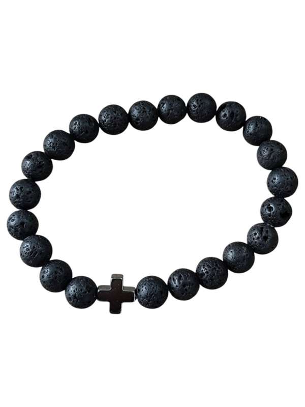 Lava bracelet with a gunmetal color hematite plus bead, stretch cord, 8mm beads