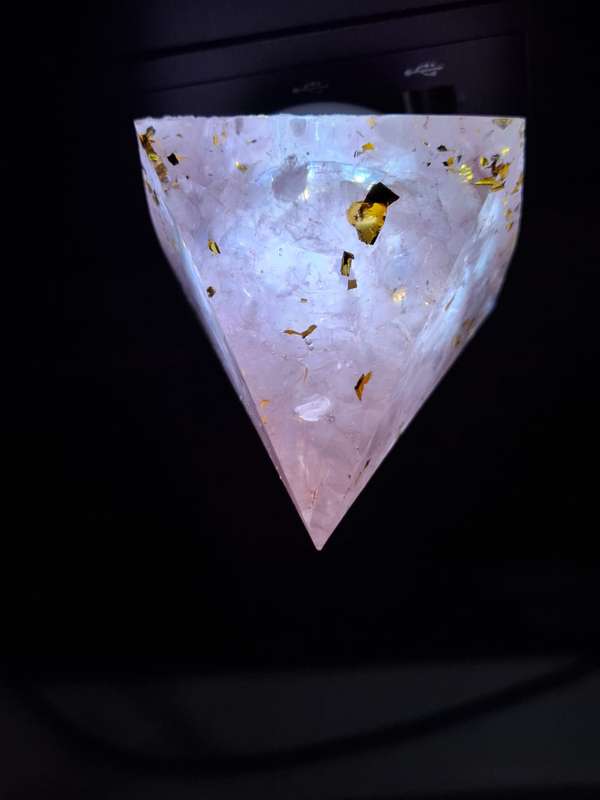 USB night light, Rose quartz chip with gold leaf resin pyramid