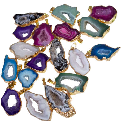 Agate slice pendant, Assorted color, gold trim, 35-60mm