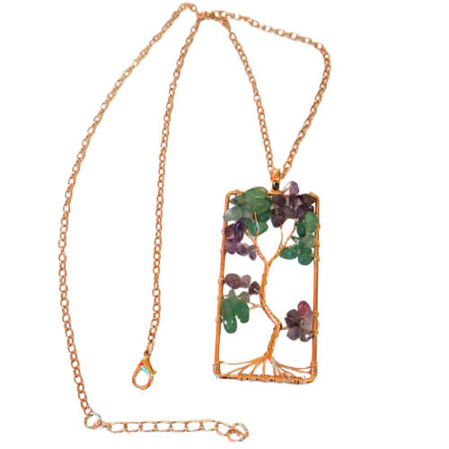 Green Aventurine and Amethyst gold wire tree necklace, base metal, 2.9 x 6.8cm, 52cm length chain...