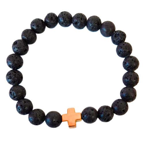 Lava bracelet with a gold hematite plus bead, stretch cord, 8mm beads