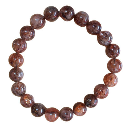Red and black rutilated quartz bracelet, stretch cord, 7-8mm beads