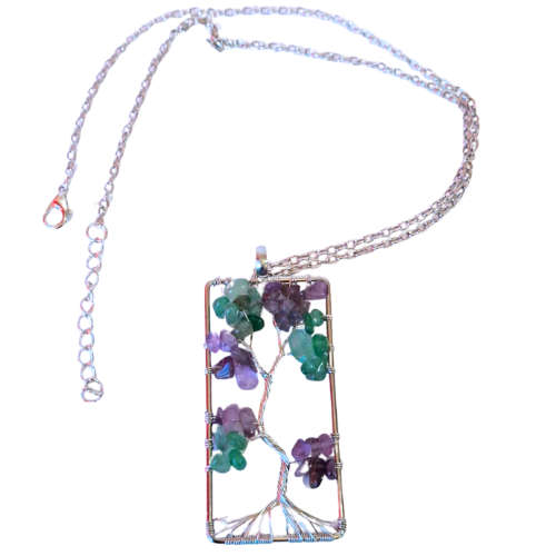 Green Aventurine and Amethyst silver wire tree necklace, base metal, 2.9 x 6.8cm, 52cm length cha...