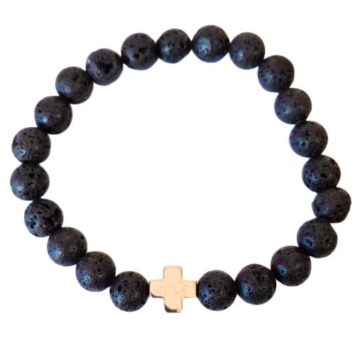 Lava bracelet with a silver hematite plus bead, stretch cord, 8mm beads