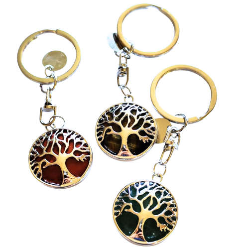 Assorted stone keychain w tree of life, 78mm