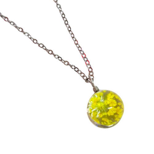 Dried flowers necklace on chain, yellow, 45cm