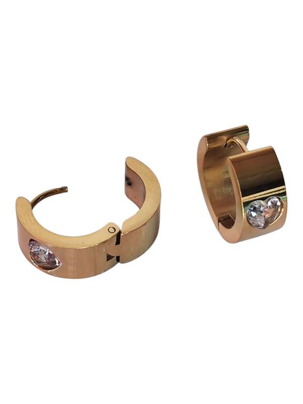 Gold color huggie earrings, Stainless-steel, Heart shaped zircon stone, 7 x 17 x 15mm