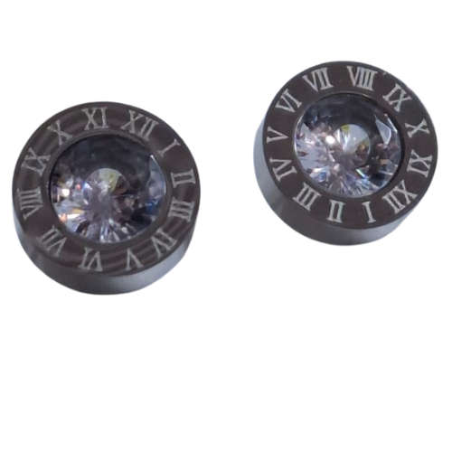 Roman number round stud earrings, Stainless-steel, Zircon centre, 10mm diameter stud, 6mm diamete...