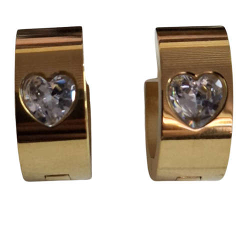 Gold color huggie earrings, Stainless-steel, Heart shaped zircon stone, 7 x 17 x 15mm