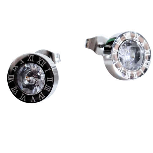 Roman number round stud earrings, Stainless-steel, Zircon centre, 10mm diameter stud, 6mm diamete...