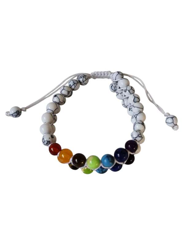 Diagonal Chakra & white howlite bracelet, double row, adjustable, 6.4mm beads