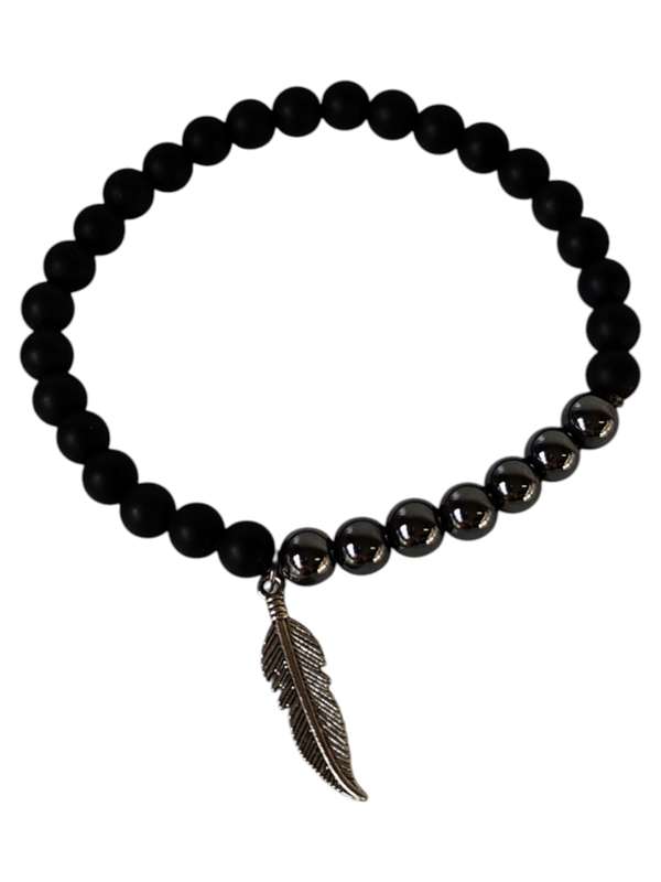 Matte obsidian with hematite bead bracelet with feather charm, stretch cord