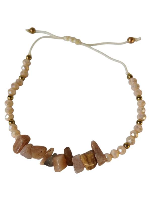 Sunstone with a few Peach moon stone chips w glass beads bracelet, adjustable