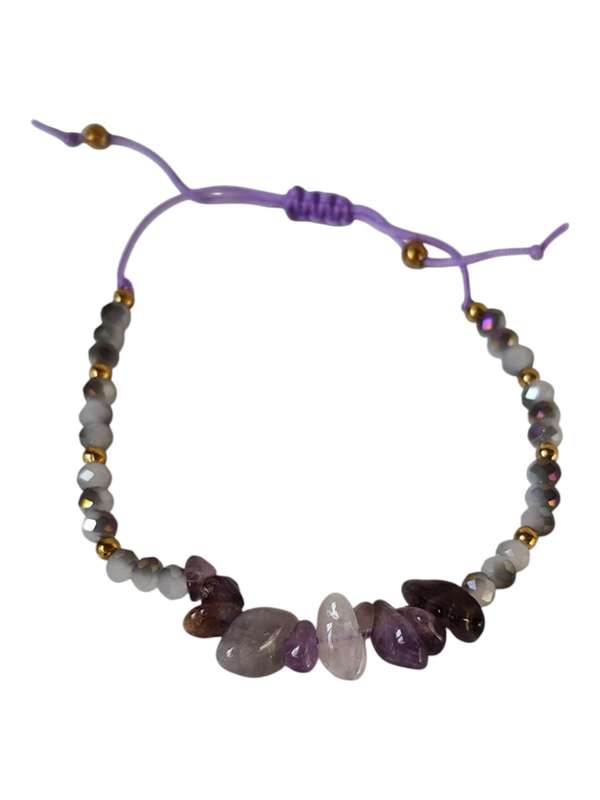 Amethyst stone chips w glass beads bracelet, adjustable