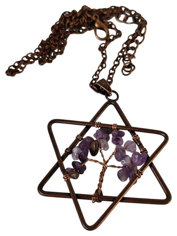 Star wire wrapped drop necklace, Amethyst, Copper chain, 32cm