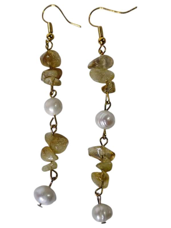 Citrine chips w pearl earrings, gold base, 75mm
