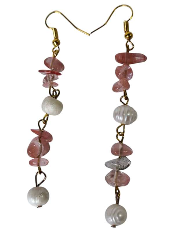 Cherry quartz chips w pearl earrings, gold base, 75mm