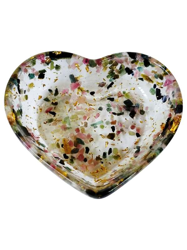 Resin heart bowl, colourful tourmaline w gold flakes, 8x7x2.5cm