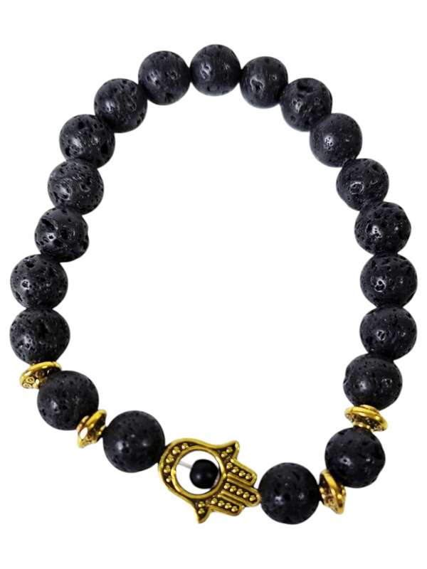 Lava bead bracelet w gold hamsa hand, stretchcord