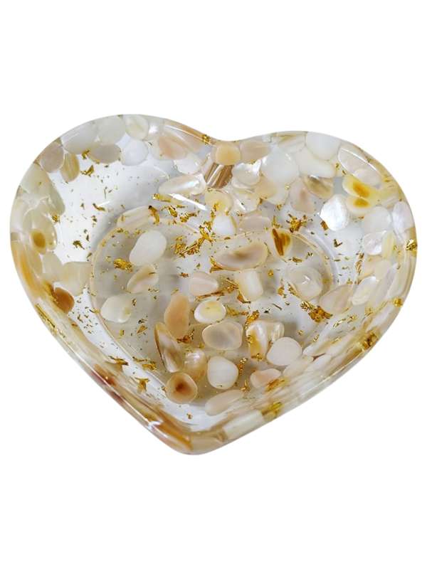 Resin heart bowl, Mother of pearl shell w gold flakes, 8x7x2.5cm