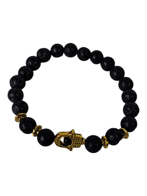 Lava bead bracelet w gold hamsa hand, stretchcord