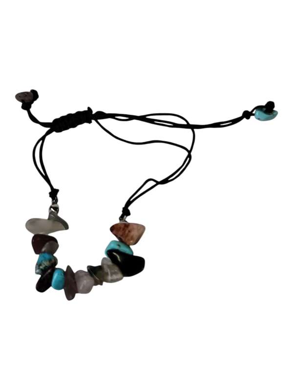 Chip bracelet on black rope, Mixed Assorted stones, adjustable