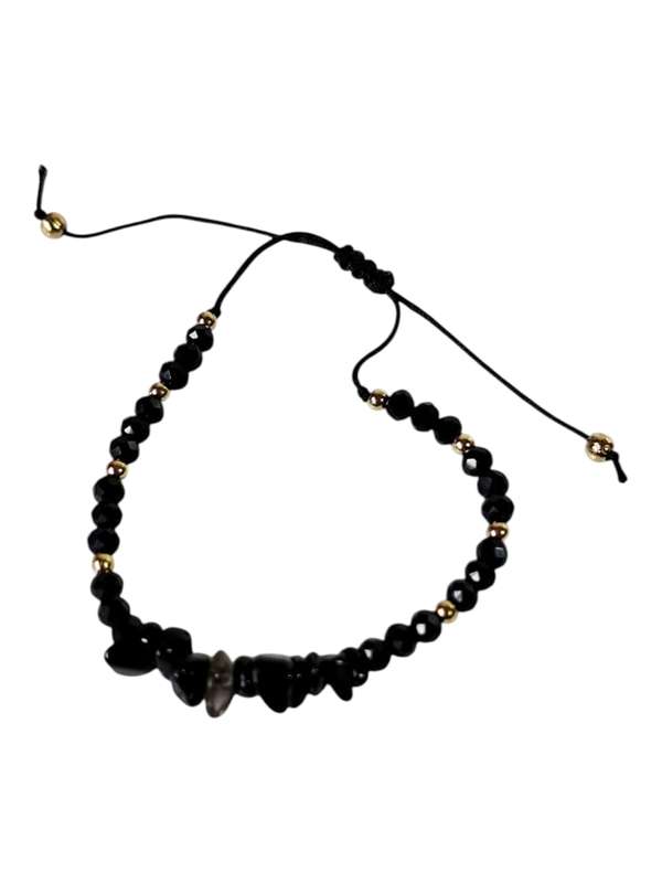 Black obsidian stone chips w glass beads bracelet, adjustable