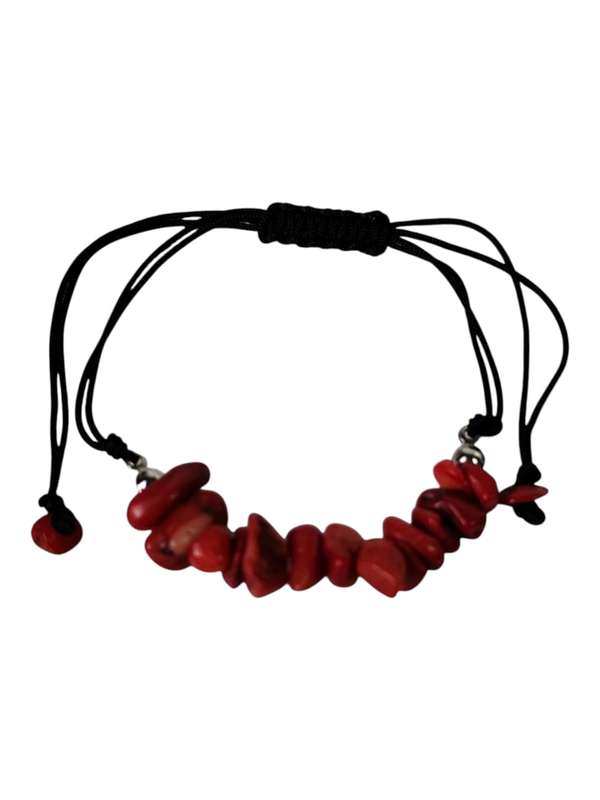 Chip bracelet on black rope, Red coral, adjustable