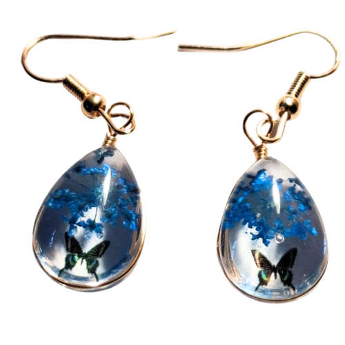 Dried flower pear earrings, tropical blue, 40mm