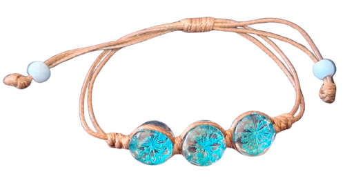 Dried flower dome trio bracelet, brown & blue, adjustable