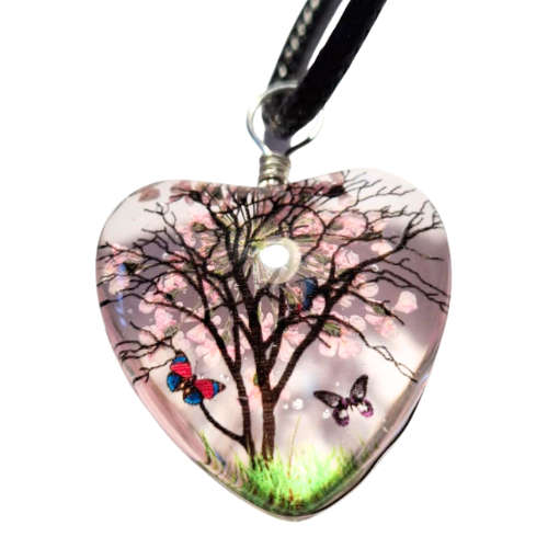 Dried flowers glass heart necklace, light pink, black string, 45cm